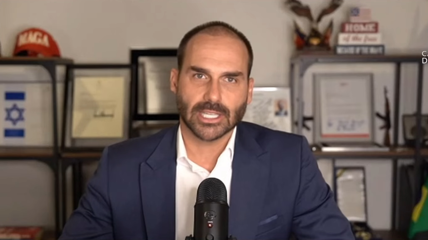 Eduardo Bolsonaro participa de videoconferência. PL tentou colocá-lo como líder da minoria, mas Motta impediu | Câmara dos Deputados/Divulgação