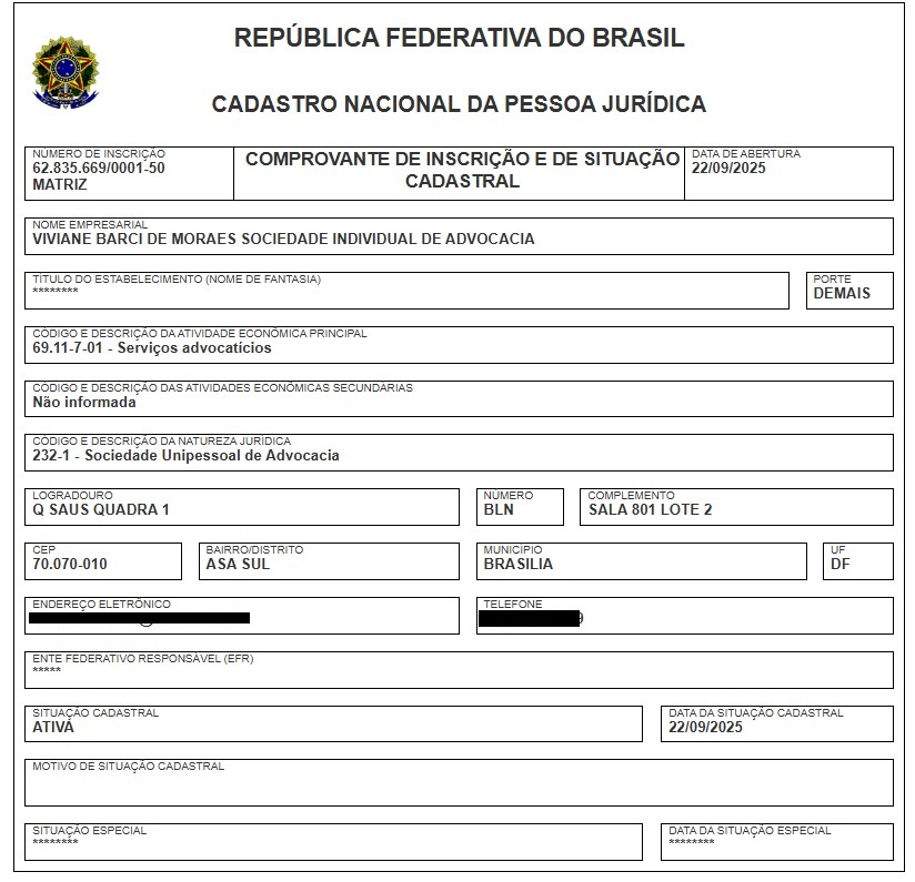 Registro do novo CNPJ de Viviane Barci de Moraes | Foto: Reproduçãp/Cadastro Nacional de Pessoas Jurídicas