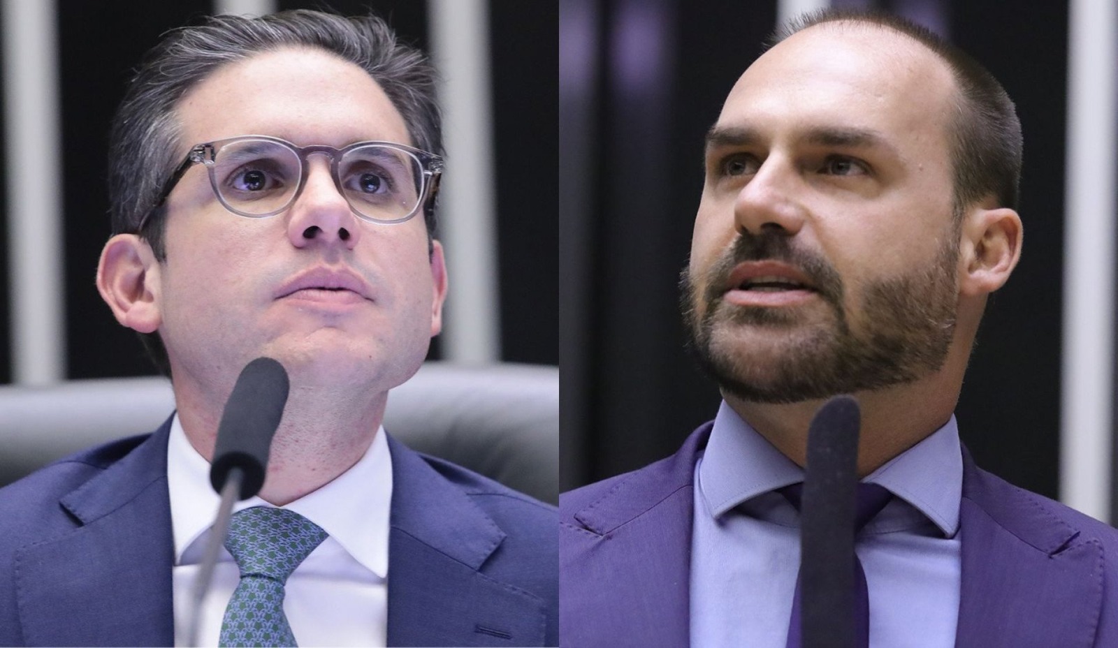 Hugo Motta e Eduardo Bolsonaro: presidente da Câmara cede à pressão dos governistas | Foto: Montagem sobre reprodução/Redes sociais