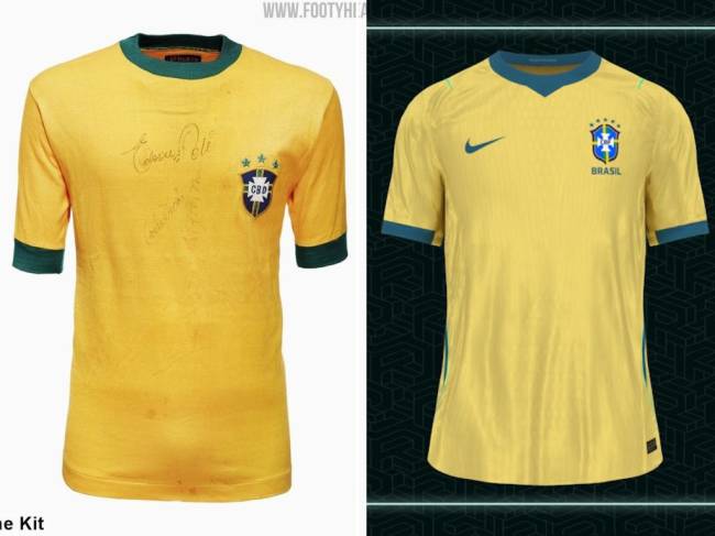 Camisa da seleção brasileira da Copa do Mundo de 1970 (à esq.) e modelo especulado para 2026 (à dir.)