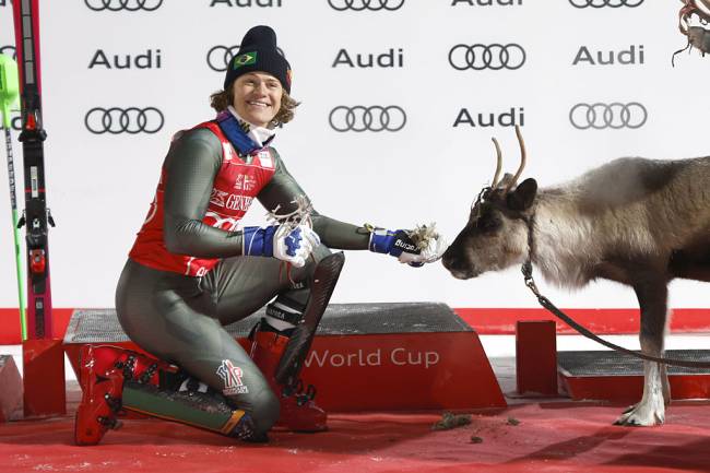 LEVI, FINLAND - NOVEMBER 16: Lucas Pinheiro Braathen of Team Brazil takes 1st place during the Audi FIS Alpine Ski World Cup Men's Slalom on November 16, 2025 in Levi, Finland. (Photo by Christophe Pallot/Agence Zoom/Getty Images)