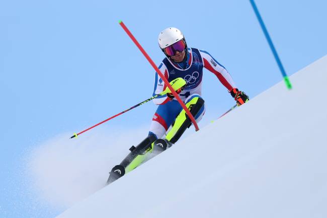BORMIO, ITALY - FEBRUARY 09: Paco Rassat of Team France competes during the Men's Team Combined Slalom on day three of the Milano Cortina 2026 Winter Olympics at Stelvio Alpine Skiing Centre on February 09, 2026 in Bormio, Italy. (Photo by Christian Petersen/Getty Images)